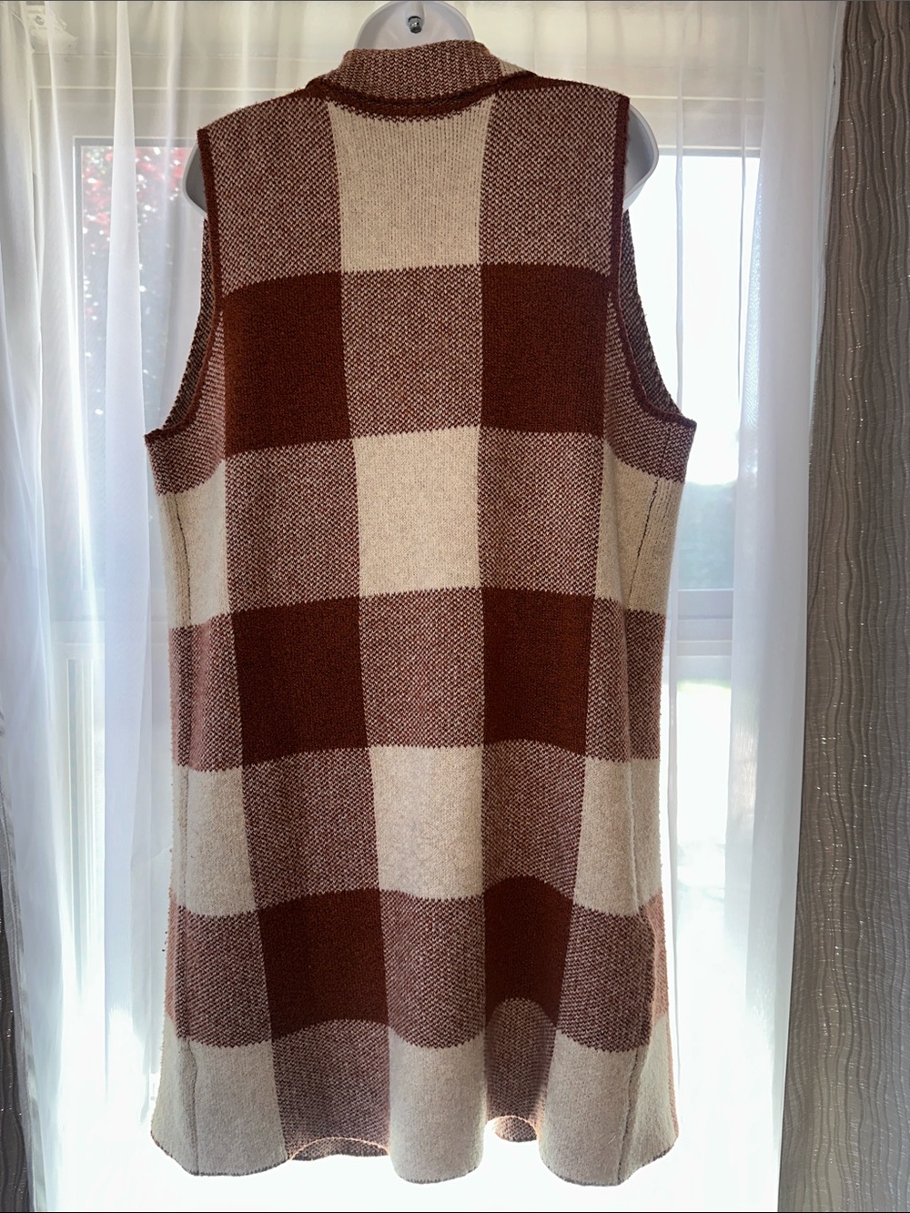 Maurices Rust & Cream Plaid Sleeveless Cardigan Vest - Picture 3 of 4